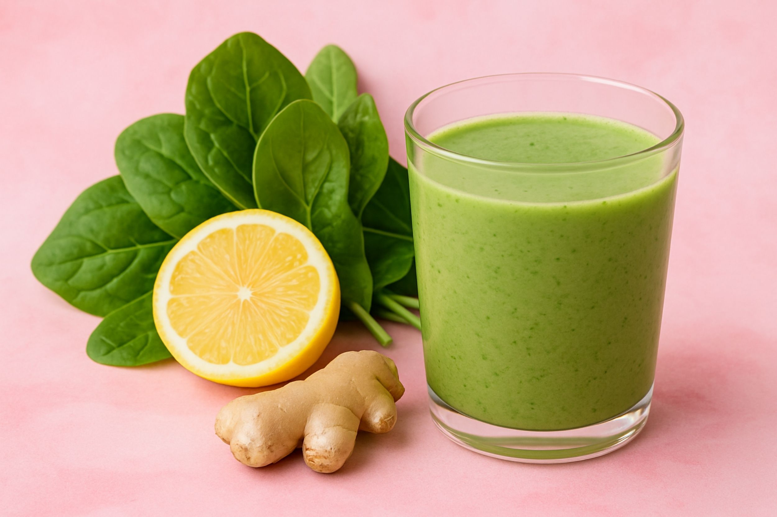 Frischer grüner Smoothie mit Zitrone, Ingwer und Spinat auf einem zartrosa Hintergrund – ästhetisches Symbolbild für Entgiften, Entsäuern und Ausleiten im Rahmen ganzheitlicher Frauenberatung.