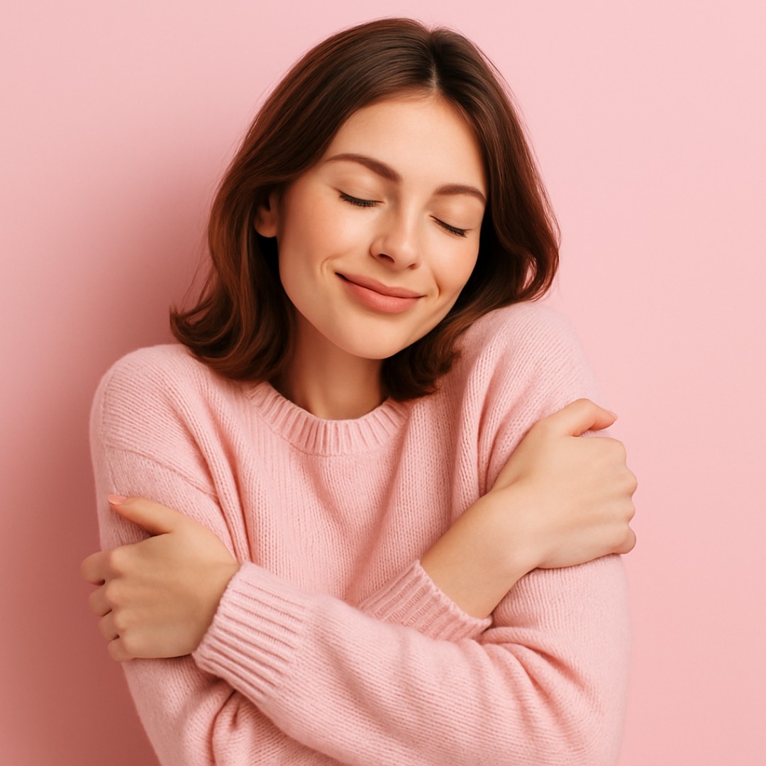 Junge Frau in rosa Pullover umarmt sich selbst vor zartrosa Hintergrund – symbolisches, harmonisches Dekobild für Selbstfürsorge, emotionale Balance und innere Ruhe.